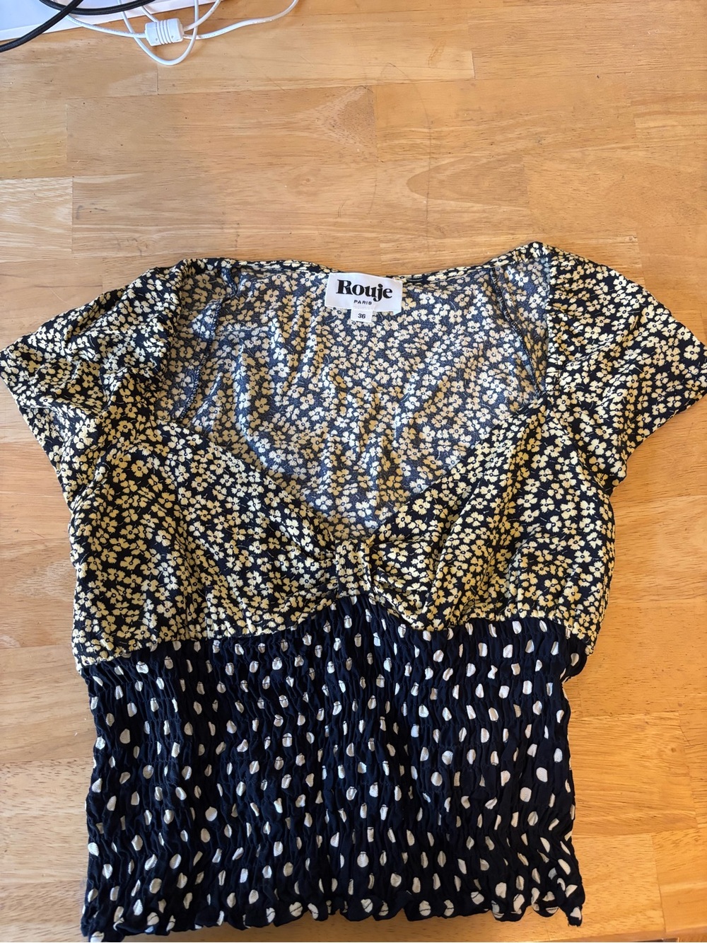 Rouje Black Floral Smocked Crop Top with Yellow Print